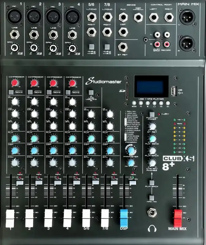 Studiomaster CLUB XS8+ - mikser 4 kanały mikrofonowe z kompresorami, odtwarzacz MP3, odbiornik bluetooth, rejestrator, interfejs USB